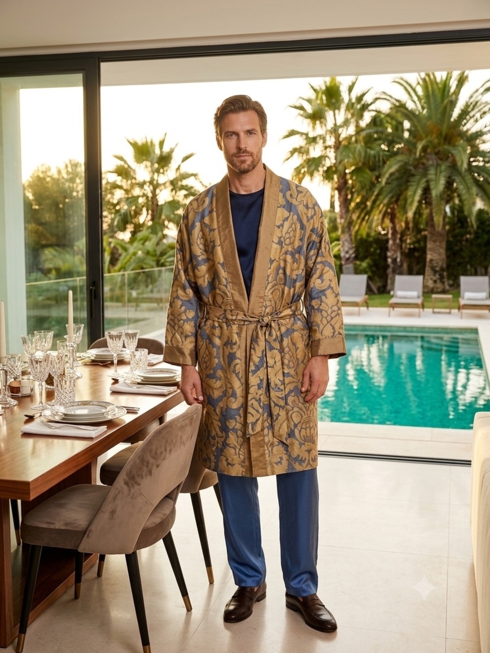 Jim Thompson 100 % Silk Floral Jacquard Satin Kimono Robe in Gold and Blue